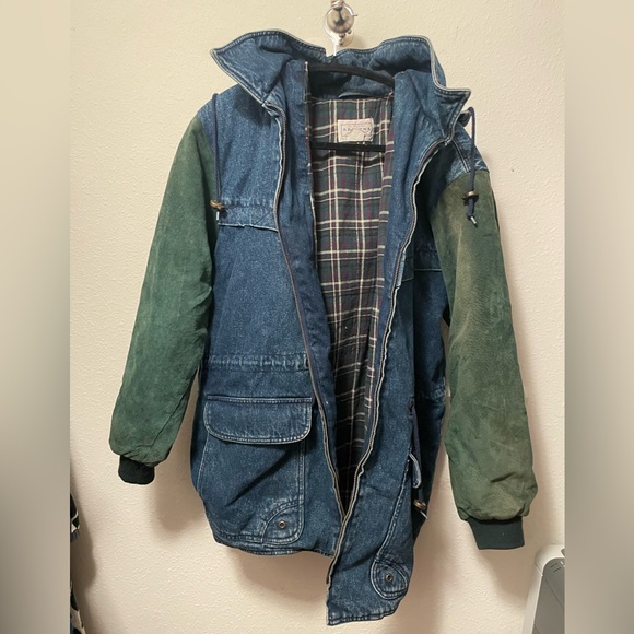 Vintage Arizona 90s Jean Jacket Flannel Lined Suede Leather Sleeves chore Coat L - Picture 2 of 15